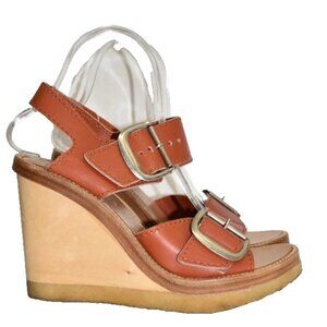 $900 CHLOE SMOOTH LEATHER PLATFORM WOODEN GINGER SANDAL STRAPS 37 (MG19)